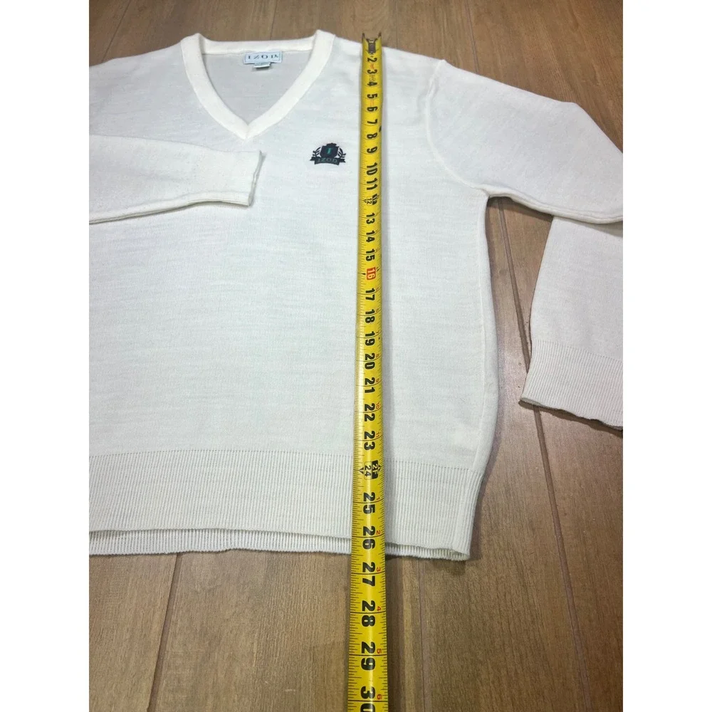 Vintage Izod Mens V-Neck Sweater White Acrylic‎ Knit Crest Logo 30741 J94 Medium